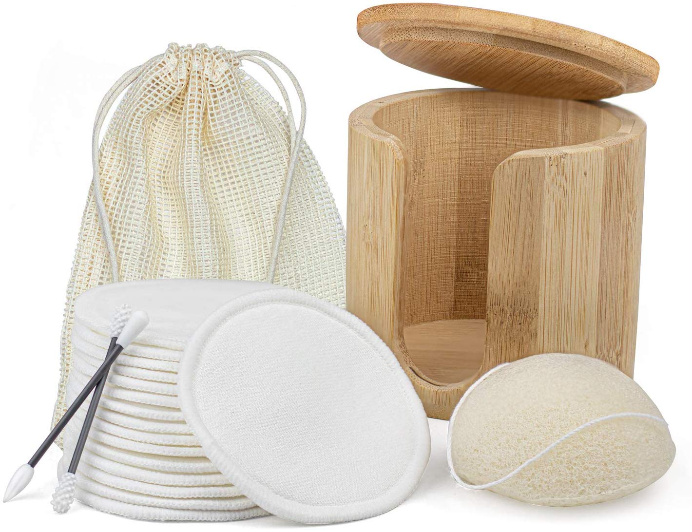 Adbra reusable cotton pads with net bag and wooden storage jar
